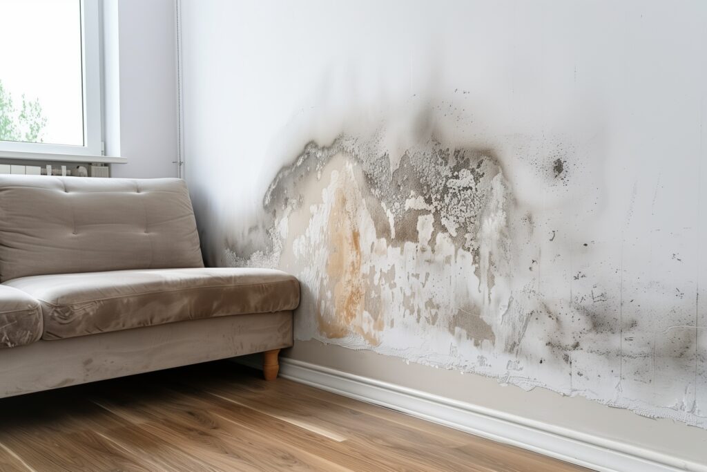 Beige sofa beside a wall showing extensive water and mold damage with peeling plaster along the baseboard.