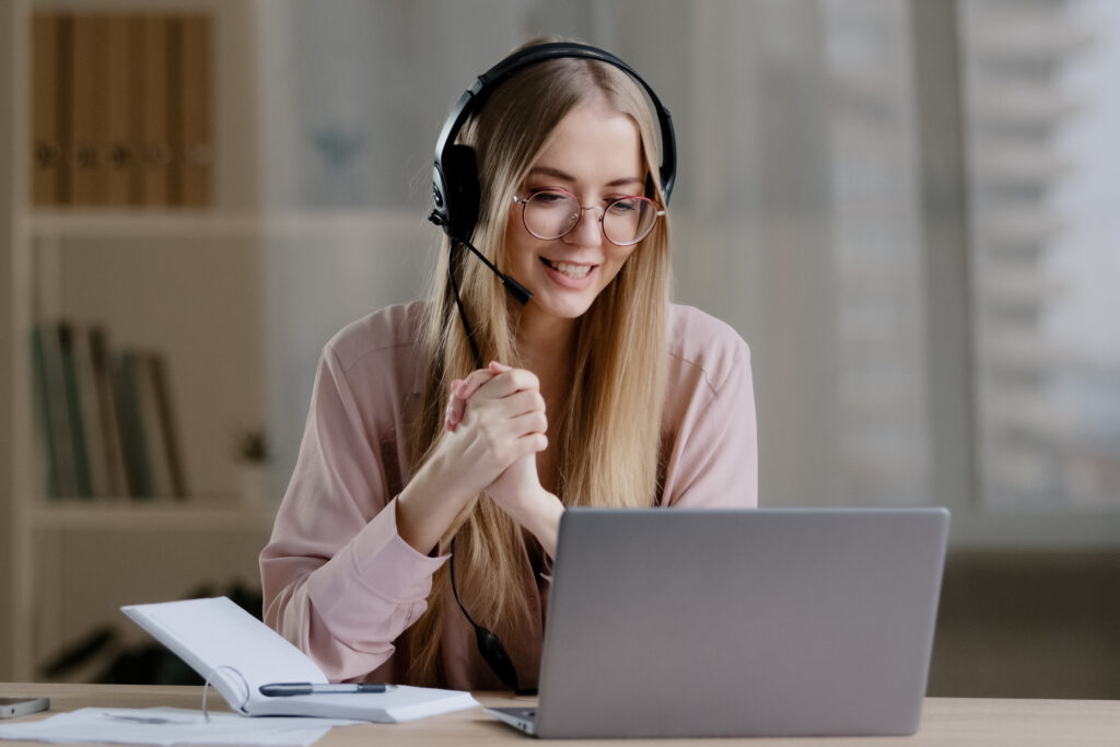 Caucasian girl business woman call center operator online support line remote teacher mentor psychologist coach distant conversation consultation female in head microphone online class lecture webinar. High quality 4k footage
