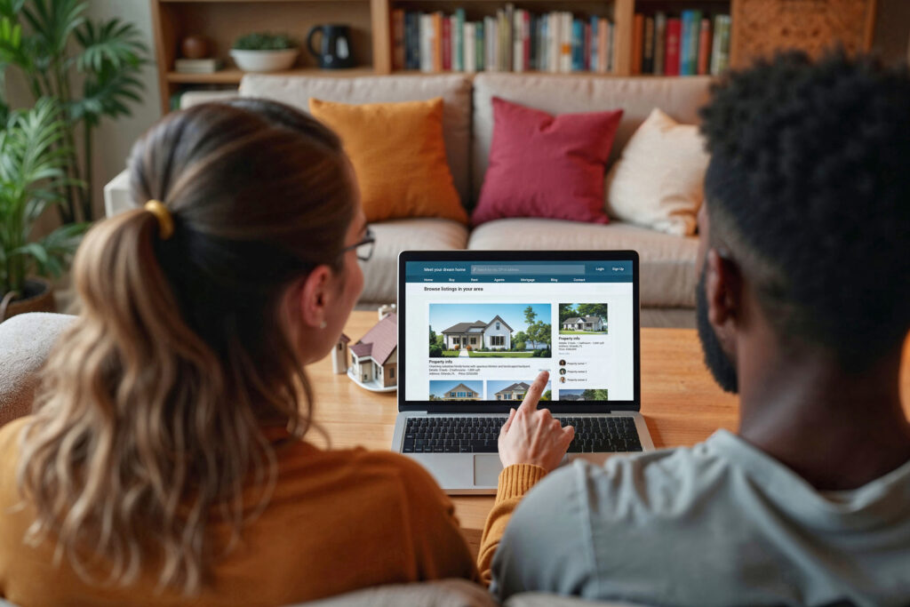 Young diverse couple browsing real estate listings on laptop, choosing dream home, planning to buy new house. Woman pointing at laptop screen showing realistic website design with readable text